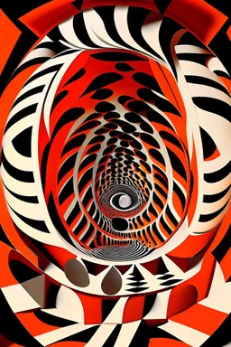 Voice bouncing around in a circular house of mirrors; Optical Art; M.C. Escher, black, white, and orange-red