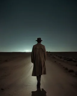 film still, shot from behind, wide perspective, a translucent man wearing a trench coat and a hat, walking down an empty Mojave desert highway at night