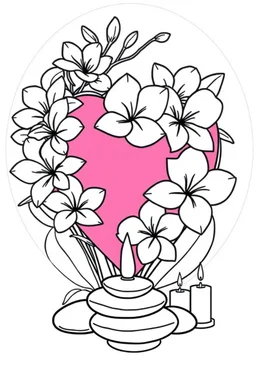 outline art for visually rich appealing heart in orchids plumeria rounded stones candles, ikebana style, coloring page for kids, white background, fit to page, only use outline, clean line art, no shadows, clear and well outlined