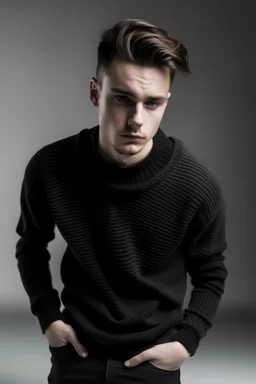 Man's short black wrapped knitted jumper on a white t-shirt