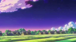 village with purple sky full of stars, anime, high res, makoto shinkai