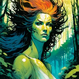 create a wildly conceptual closeup full body print illustration of a feral female mage with highly detailed hair and feminine facial features, in an ethereal, otherworldly ,ancient summer forest , in the comic book art style of Bill Sienkiewicz, Mike Mignola, Sparth, and Jean Giraud Moebius, finely drawn, colored, and inked, suffused with dramatic natural light and shadow of sunset