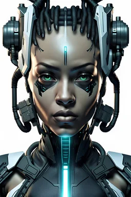 front facing view of a beautiful symmetric black cyberpunk female, white background, ultra realistic, highly detailed, hd, sharp focus, cinematic lighting, realistic, photorealistic, vivid colors, painting, photograph, digital art, non blurry, sharp, artstation, concept art, smooth, illustration