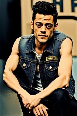 Polizeifoto Rami Malek mit Oberlippenbart in ärmelloser Denim Jacke und STP-T-Shirt, genervt in die Kamera starrend