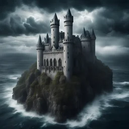 Hyper Realistic Aerial View of a huge haunted abandoned gothic castle between a sea & sea-storm with white-ghosts-flying on it & cloudy sky at heavy-rainy-night with mountains far showing dramatic & cinematic ambiance
