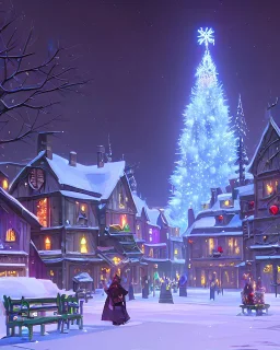 A magical snowy warlock town square with a Christmas tree