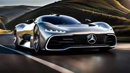 A sleek ((( amg project one fusion))) with a majesticly curved rear, cutting through a (sunny, open countryside) backdrop