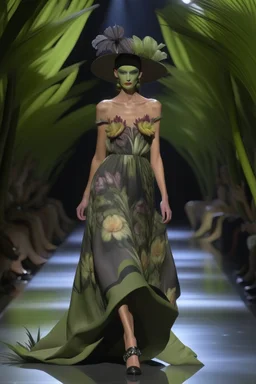 Model in runway wich dress with orchids, palm and olives trees with tulle printed in 3D