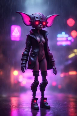 Volumetric fog gremlin bimbo bot lights,paradise sacred geometry framed playing card, black, red, spore and purple neon fire cyber punk dancer thief in soaked rain coat shadows boss card in the style of giger and fallout 4 ,,bokeh like f/0.8, tilt-shift lens 8k, high detail, smooth render, down-light, unreal engine