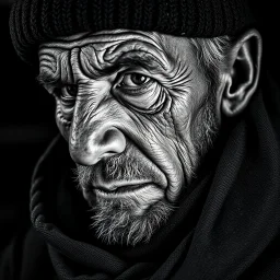 Fotografia in bianco e nero che ritrae un uomo in primo piano. L’immagine è molto intensa, con una forte carica espressiva. Il soggetto indossa un berretto di lana e una sciarpa avvolta intorno al collo, mentre il suo volto, segnato da rughe e linee d’espressione, comunica una storia vissuta, forse di fatica, resistenza o saggezza. La luce proviene da sinistra e crea un forte contrasto, evidenziando le texture della pelle, dei vestiti e dei tessuti, mentre l’altro lato del viso resta