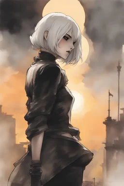 2B from NieR Automata wearing a short black dress. A soft-focus image of the golden sunset casting a warm glow, create in inkwash and watercolor, in the comic book art style of Mike Mignola, Bill Sienkiewicz and Jean Giraud Moebius, highly detailed, gritty textures,