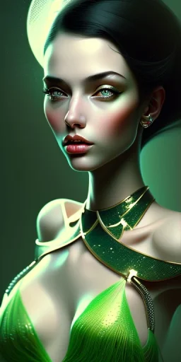 Beautiful female woman with black hair, green eyes, high quality render in the style of Norman Rockwell