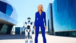 A full-body photograph of a young, slender, blond woman in a blue one-piece suit, standing in front of futuristic buildings. A robot standing beside her. Bright, sunny day.