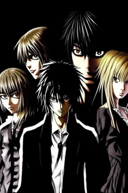 The main characters of Death Note. From left to right: Misa Amane, Light Yagami, Ryuk, and L.