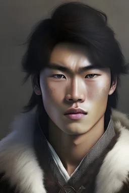 A young Korean man in his twenties with brown hair, black eyes, and white skin, wearing Viking clothes