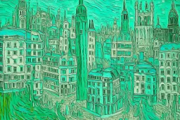 A mint colored noisy metropolis painted by Vincent van Gogh