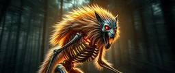 radiant Werewolf Skeleton with lotsa fluffy fur, motion blur background dark forest