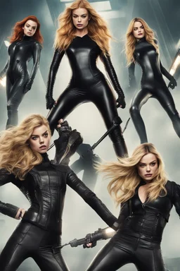 Katherine McNamara, Margot Robbie and Georgia Henshaw wearing tight leather catsuits, fighting bad guys.