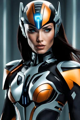Photo real Beautiful Megan Fox as Cyber Tron woman, futuristic style, HOF, captured with professional DSLR camera, 64k, ultra detailed, motorrad