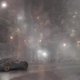 ferrari 488 under a street lamp in the middle of the night in a futuristic city with reflections