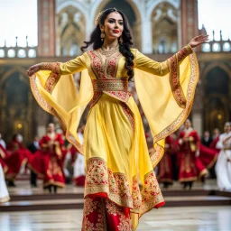 azeri female full bdy with traditional dance clothing in modern stage in a royal hall no people in background