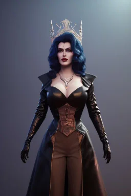 Amy Dumas as evil queen in black leather gown, evil, busty, cleavage, curvy, angry, stern look. character design by cory loftis, fenghua zhong, ryohei hase, ismail inceoglu and ruan jia. unreal engine 5, artistic lighting, highly detailed, photorealistic, fantasy