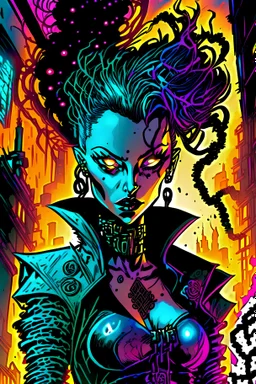 a illuminating work of art in the style of a comic with dark influences, featuring a female cyberpunk mage with ebbing hair and overbearing eyes. She is holding a concept of a dream . In the background the world is alive. The viewer feels remorse.