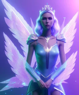 A crystalised queen, atmospheric, realistic, unreal engine, cinematic lighting, octane render. blue, pink, transparency, light, shine,bright, full body, transparent wings, blonde, long hair, smile