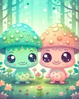 Two mushroom boys in the forest with big cute heads, small body. Big sparkly monster eyes. Soft baby pastel colours. kawaii style, Sparkles around. underwater colours. sparkles. Happy. bushes around and moss.