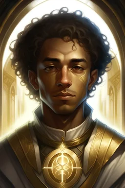 portrait of a young mixed-race man cleric of lathander with the light symbol on the chest, divine light in the background, in baldur's gate style