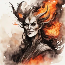 create an abstract ink wash and watercolor caricature portrait of a beautiful, malevolent, ornately dressed , 14th century sorceress engulfed in fire ,highly detailed with refined facial features in the cartoon caricature style of Gerald Scarfe and Ralph Steadman precisely drawn, boldly inked, vividly colored, 4k