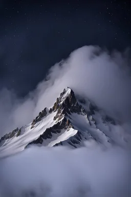 looking up at one single mountain sharp snowy face rises out of the mist into the night sky.