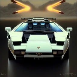 hyperrealism Drawing of 'Lamborghini Countach' three quarter frontal aerial view, by gaston bussiere, greg rutkowski, yoji shinkawa, yoshitaka amano, tsutomu nihei, donato giancola, tim hildebrandt,oil on canvas, cinematic composition,Sharp detail,extreme detail,fit full head inside picture,16k