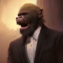 Ape in suit, 16D lighting, surreal fantasy art,16D detailed face head and shoulders portrait, 8k resolution concept art portrait by Greg Rutkowski, Artgerm, WLOP, Alphonse Mucha dynamic lighting hyperdetailed intricately detailed Splash art trending on Artstation triadic colors Unreal Engine 5 volumetric lighting