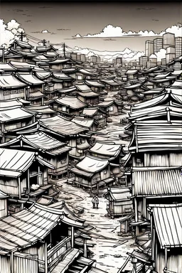 Japanese shanty town, greyscale, thin line arts, manga