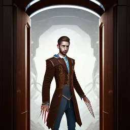 portrait of levitating handsome man in front dark wooden door, shiny fork and knifes on dinner table with cloth, fantasy art book cover