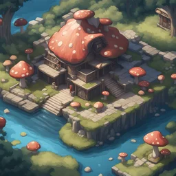 Amaya Lake Lodge which is the picture of opulent Dunmer luxury by the water and with large mushrooms in the yard, in isometric anime art style