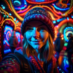 AI hippie selfie in dark twisted psychedelic fluorescent mushroom arcade hall , photo-realistic, shot on Hasselblad h6d-400c, zeiss prime lens, bokeh like f/0.8, tilt-shift lens 8k, high detail, smooth render, down-light, unreal engine, downlight