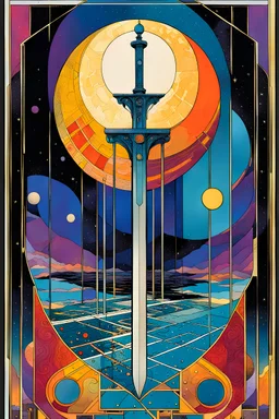 Create a chaotic abstract cubist Tarot Card depicting The Page of Swords , with highly detailed facial features, in the style of Bill Sienkiewicz, Philippe Druillet, Gustav Klimt, and Jean Giraud Moebius, precisely drawn, colored and inked, with ornate bordered edges