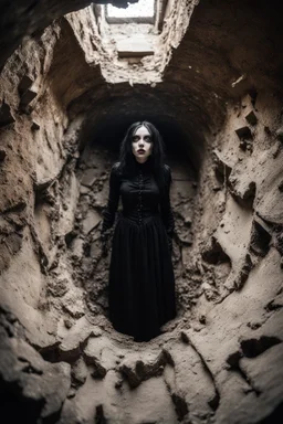 Closeup tall Girl goth with big eyes, ragged clothes, fullbody, crushed of walls, inside claustrophobic, the perspective looking up from the bottom of an empty well , 8k,macro photography,