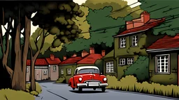 a comic books style illustration of an old car in a village at WW2 era