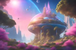 galactic angels coming from space, blue and pink lights, sunny atmosphere, concept art, smooth, extremely sharp detail, futuristic crystal dome in the countryside on another planet, vessels, green plants, flowers, big trees blue sky, pink, blue, yellow soft lights, waterfall, finely tuned detail, cinematic smooth, intricate detail, futuristic style ultra high definition, 8 k, unreal engine 5, ultra sha