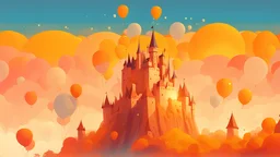 a painting of a castle surrounded by orange and yellow balloons, a detailed matte painting by James Gilleard, deviantart contest winner, fantasy art, concept art, 2d game art, matte painting