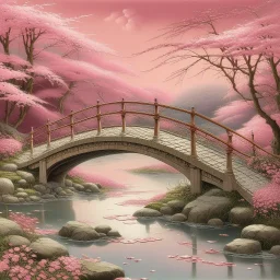 A light pink bridge with mystical clocks painted by Frank Wilson