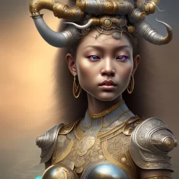 Sango fantasy, fantasy magic, intricate, sharp focus, illustration, highly detailed, digital painting, concept art, matte, art germ and Paul Lewin and Kehinde Wiley, masterpiece silver elephant head bronze Buddha Asian African girl nice breast Hawaiian hair turquoise golden waves