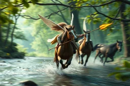 oil painting ,motion blur running caped long haired male angel pixie Quickling - Forgotten Realms dodging magical fire arrows above water and along winding branches in lush green forest holding armes around neck of speeding horses , bokeh like f/0.8, tilt-shift lens 8k, high detail, smooth render, down-light, unreal engine, prize winning