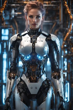 Fullbody Excelllent Photography 4k masterpiece, incredible depth, cinematic dynamic lighting, sharp focus, high resolution, high quality, outstanding visual masterpiece, flawless rendering, fine detail, extremely realistic masterpiece))), ((((a beautiful robot woman with exposed machinery and circuitry, hanging out in a cyberpunk workshop, elegant machinery, glowing circuitry on skin)))), (((perfect face, proportionate face, beautiful features, unbelievable detai