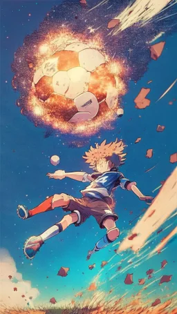 anime soccer player kicking the ball covered in meteors