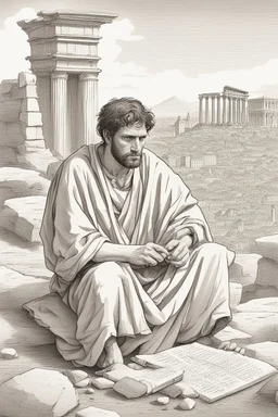 A Roman citizen of the third century, a 30-35-year-old man with kind eyes and a slight smile in poor clothes with a cross around his neck, sits on stones and writes on a papyrus scroll. He is sitting against the background of the ruins of Rome, against the background of the temple of Athena. High-quality 8K image in watercolor technique