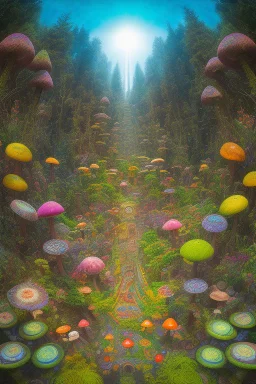 Illustration, Psychedelic art, human eye in a forest full of colourful mushrooms, vivid colours, intricate details, maze, gears, in the style of H.R.Giger, DMT, ultra detailed, photorealistic, top light, 35mm lens, fish-eye